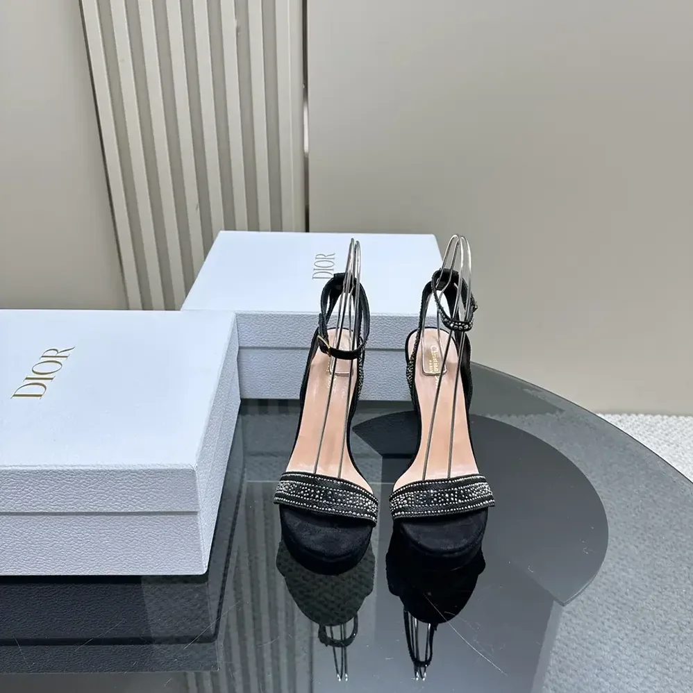 Dior Or Dway Heeled Sandal Black Cotton Embroidered with Thread and Silver for Women in Tone Strass Dior Or Dway Heeled Sandal Black Cotton Embroidered with Thread and Silver for Women in Tone Strass