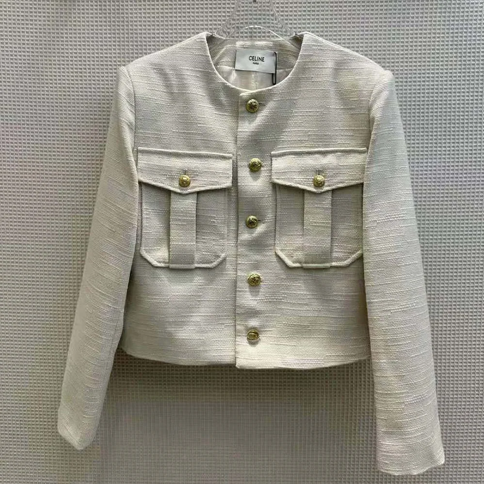 Celine Cropped Military Jacket in Silk Rush for Women in Beige