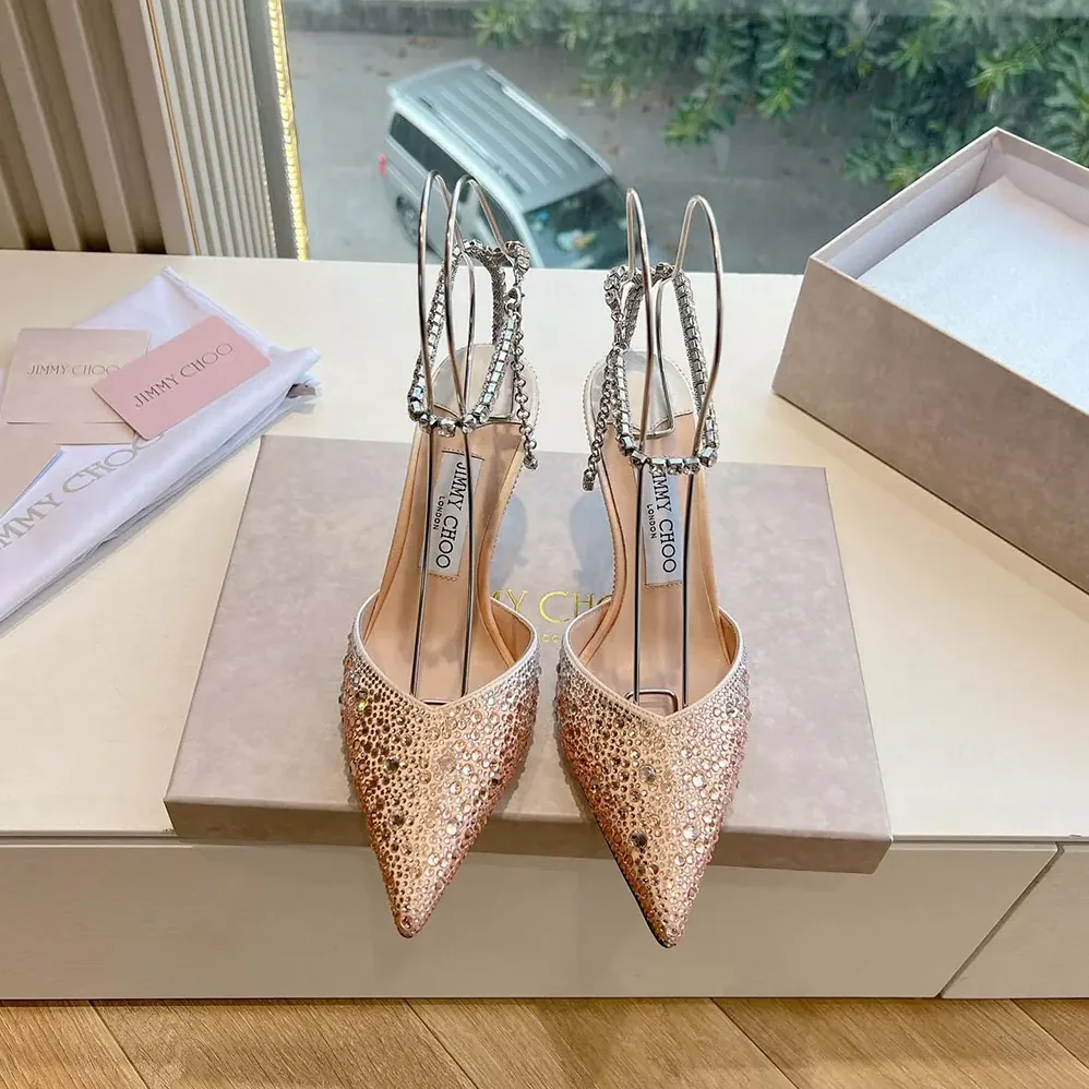 Jimmy Choo Saeda 100 Gold Satin Pumps with Crystals for Women