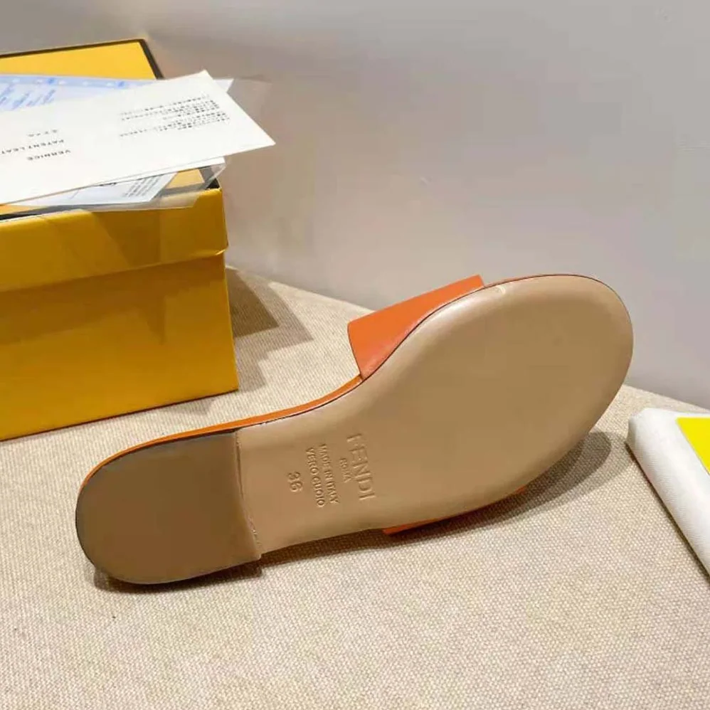 Fendi Signature Brown Leather Slides in 0.4 inches Heel Height for Women