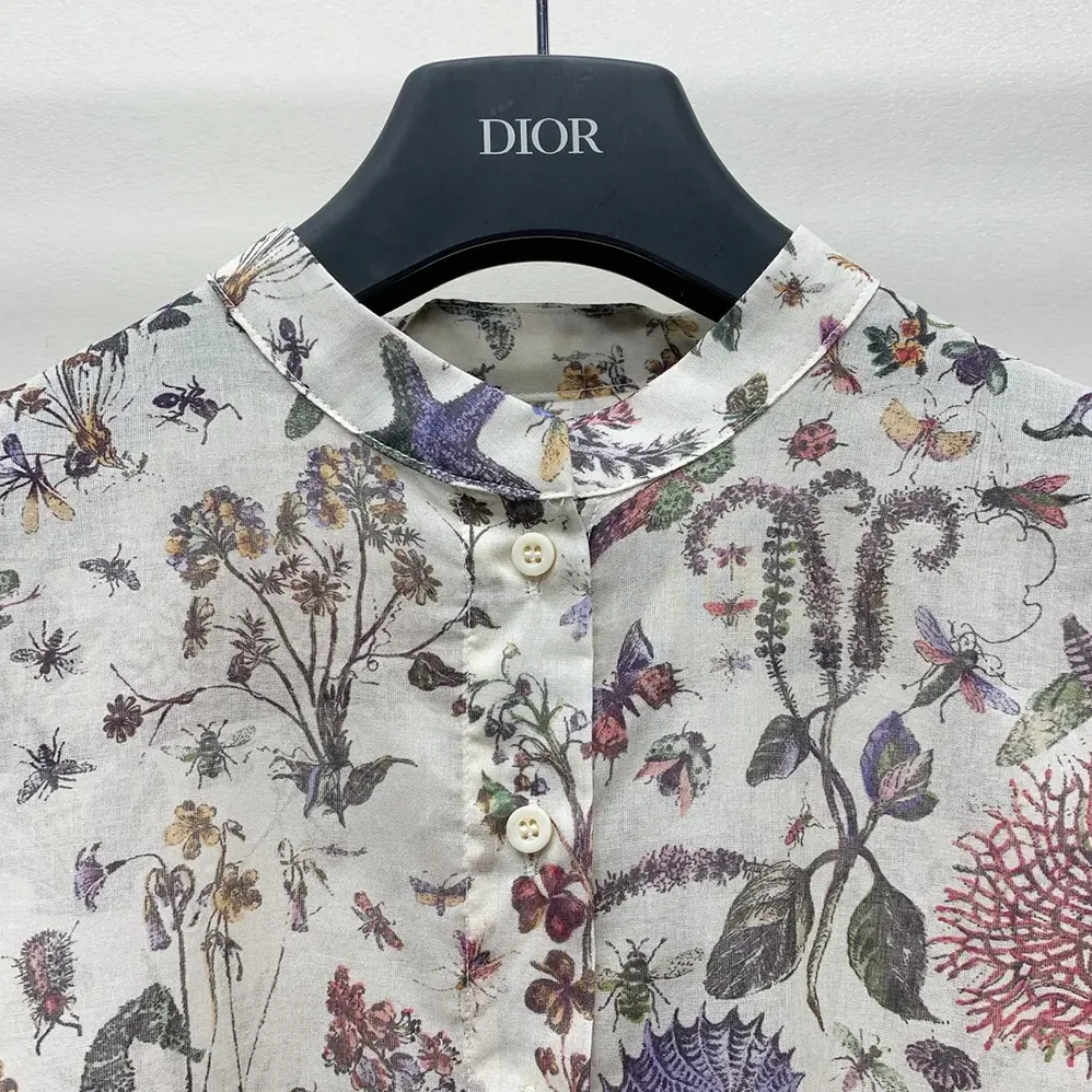 Dior Long Blouse White Cotton Muslin with Multicolor Dior Cabinet de Curiosités Motif for Women