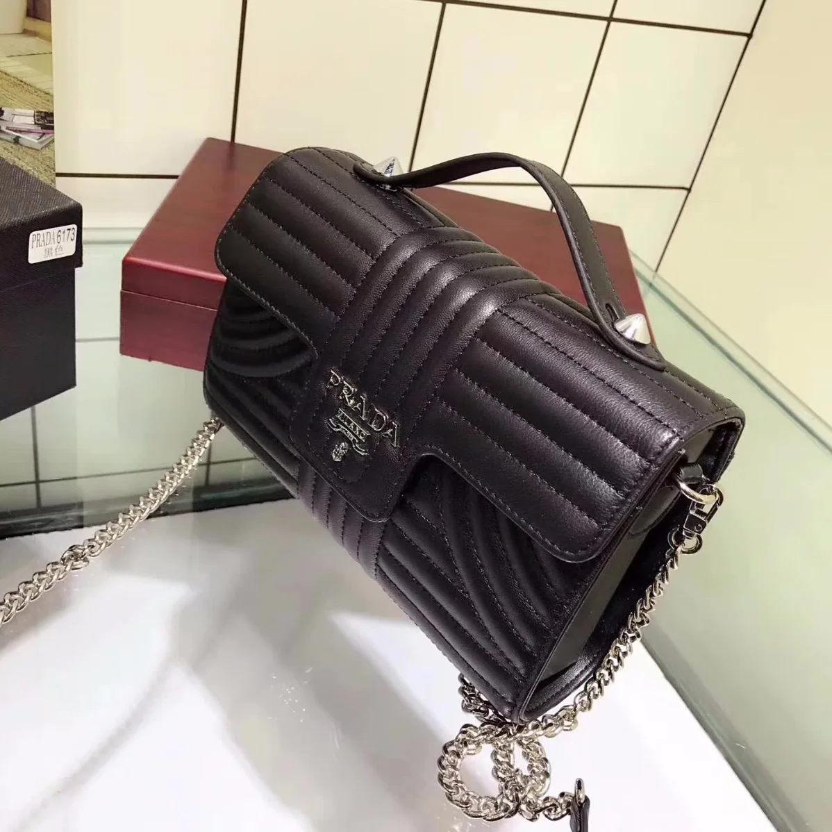 Prada Diagramme Big Leather Handbag with Top Handle in Black
