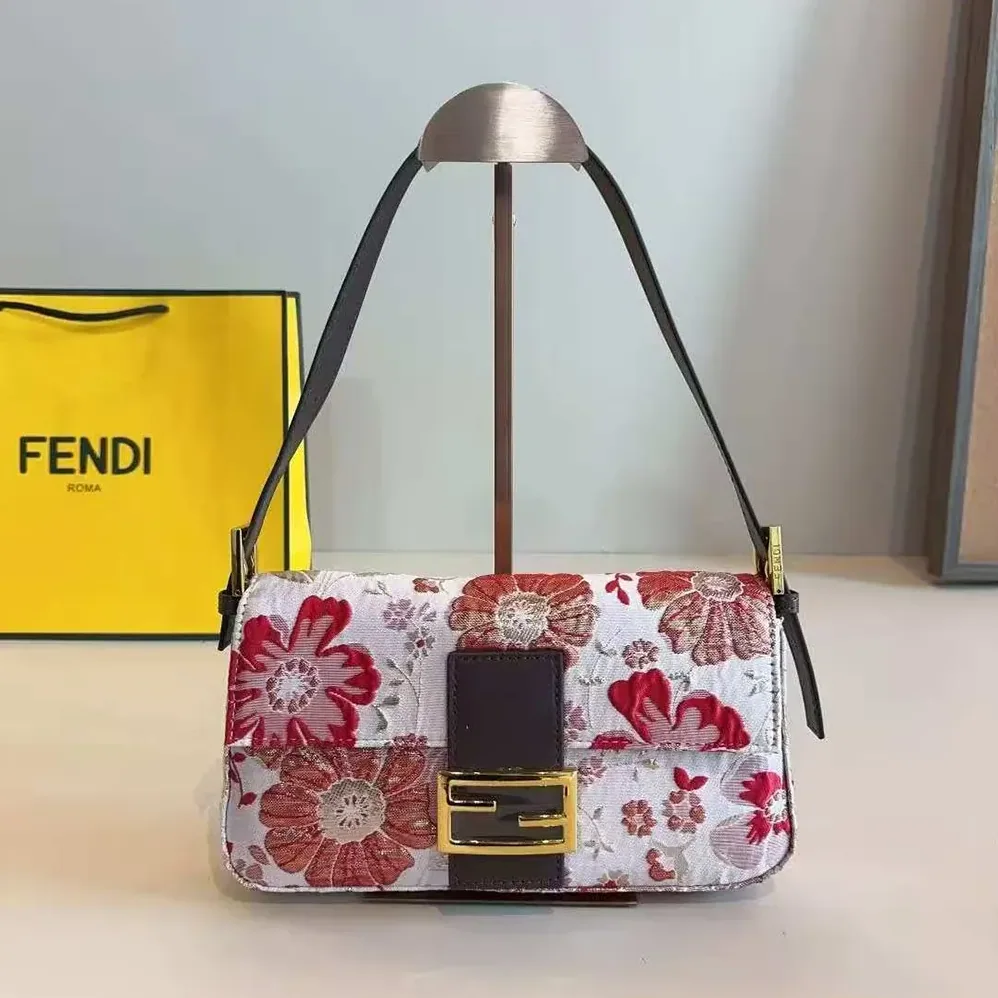 Fendi Baguette Canvas Bag with Coral Bandana Embroidery for Women Fendi Baguette Canvas Bag with Coral Bandana Embroidery for Women