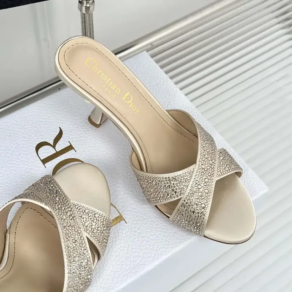 Dior Dior Tribales Heeled Slide Beige Suede Calfskin and Gold for Women in Tone Strass Dior Dior Tribales Heeled Slide Beige Suede Calfskin and Gold for Women in Tone Strass