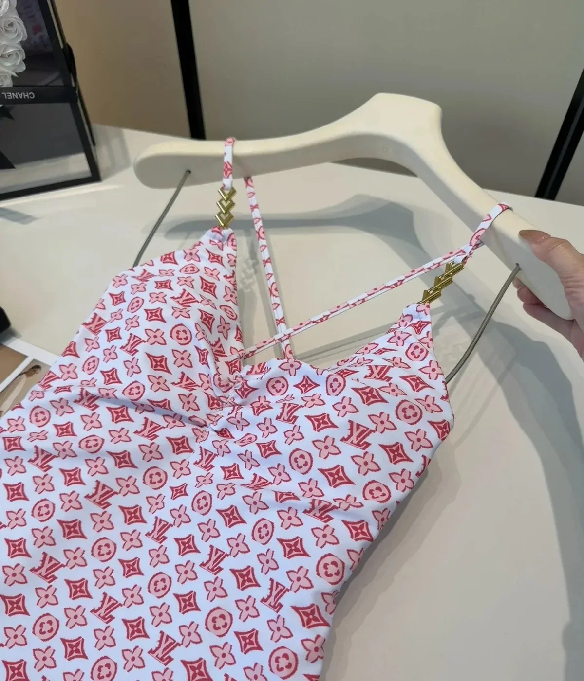 Louis Vuitton Chain Ruched One-Piece Swimsuit Pink/ Red Monogram