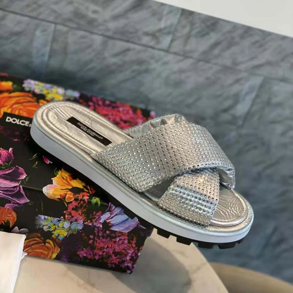 Dolce Gabbana D&G Padded Nylon Sliders with Fusible Rhinestones for Women Dolce Gabbana D&G Padded Nylon Sliders with Fusible Rhinestones for Women