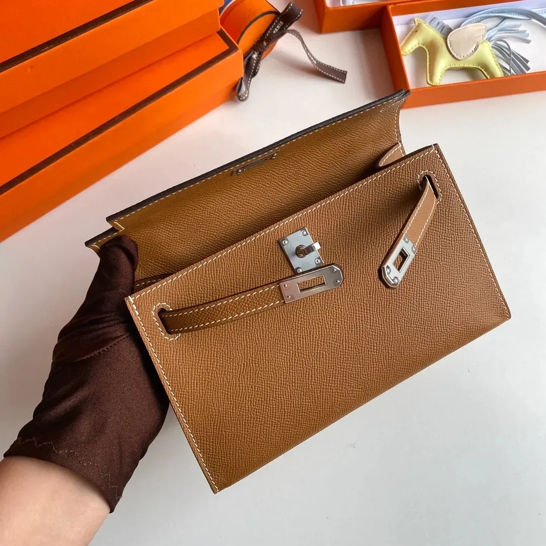 Hermes Kelly Pochette Top Handle Bag in Brown Epsom Palladium Hardware