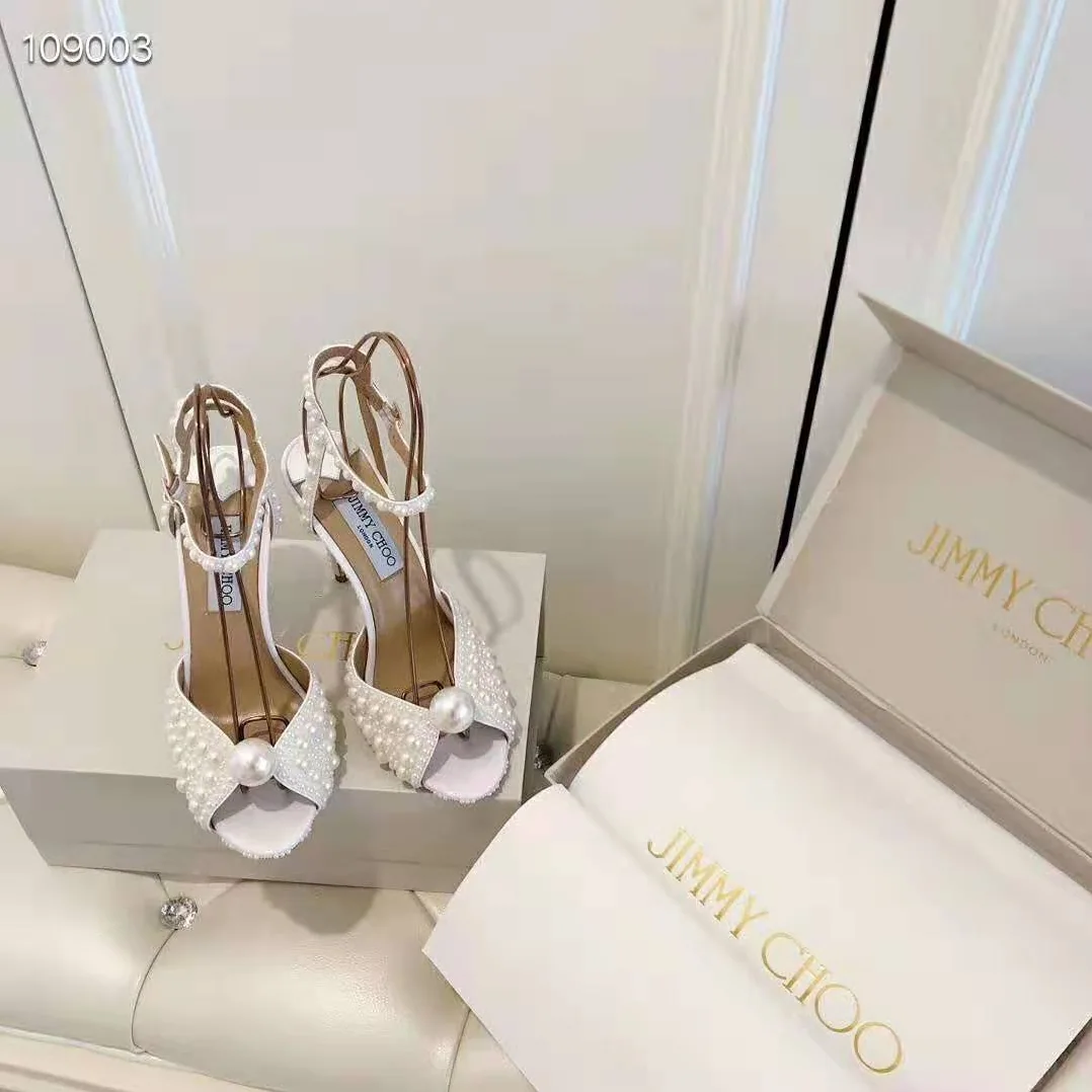 Jimmy Choo SACORA 100 White Satin Sandals with All Over Pearls for Women Jimmy Choo SACORA 100 White Satin Sandals with All Over Pearls for Women