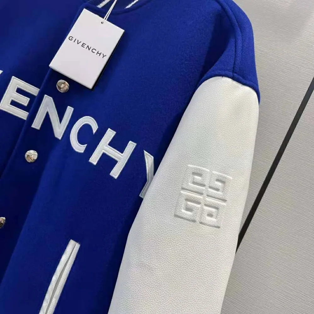 Givenchy Bomber Jacket in Wool and GIVENCHY Leather for Women in White/Blue Givenchy Bomber Jacket in Wool and GIVENCHY Leather for Women in White/Blue