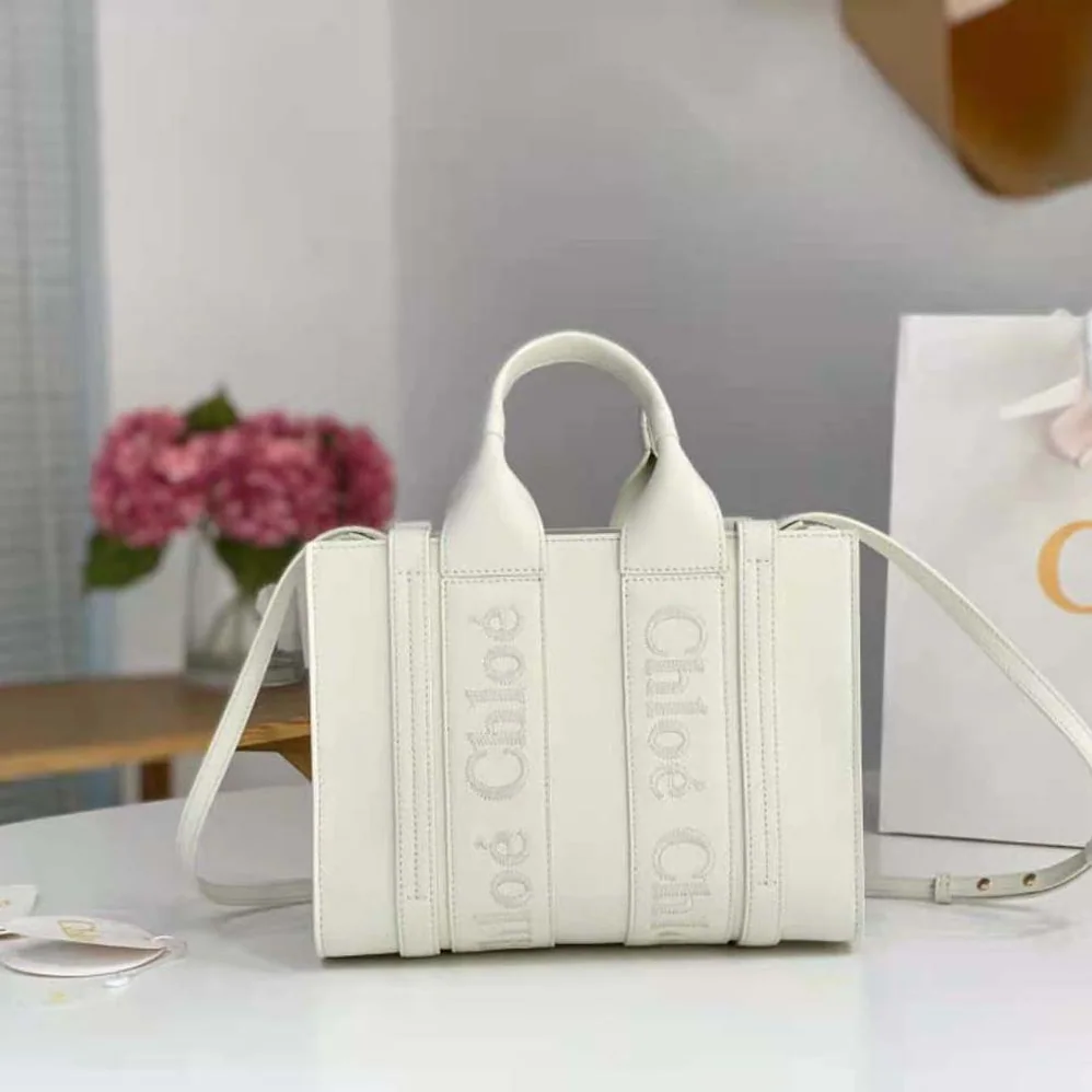 Chloe Mini Woody Tote Bag with Embroidered Chloé Logo for Women in White