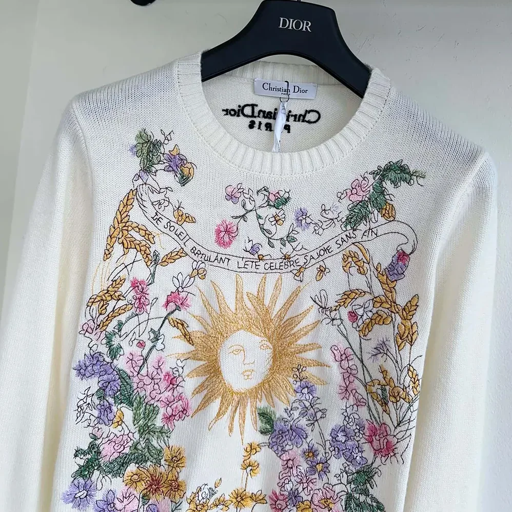 Dior Embroidered Sweater White Cashmere Knit with Multicolor Dior 4 Saisons Été Motif for Women