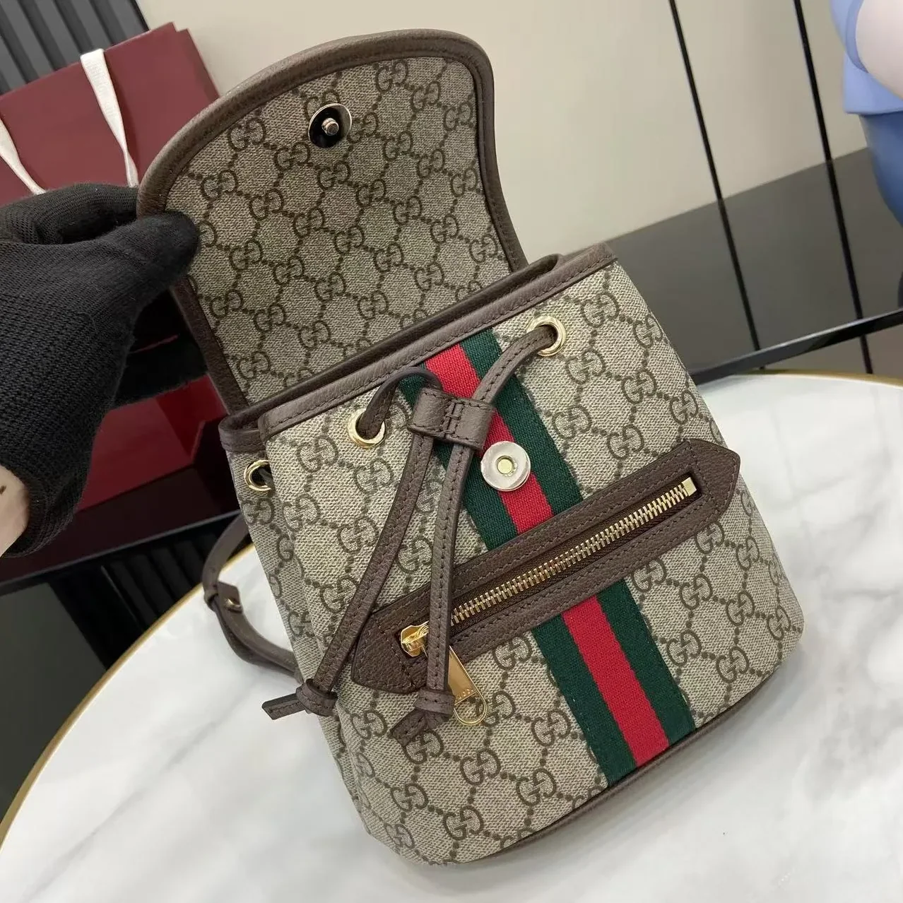 Gucci Ophidia Mini Backpack / Beige/ Dark Brown Gold Hardware