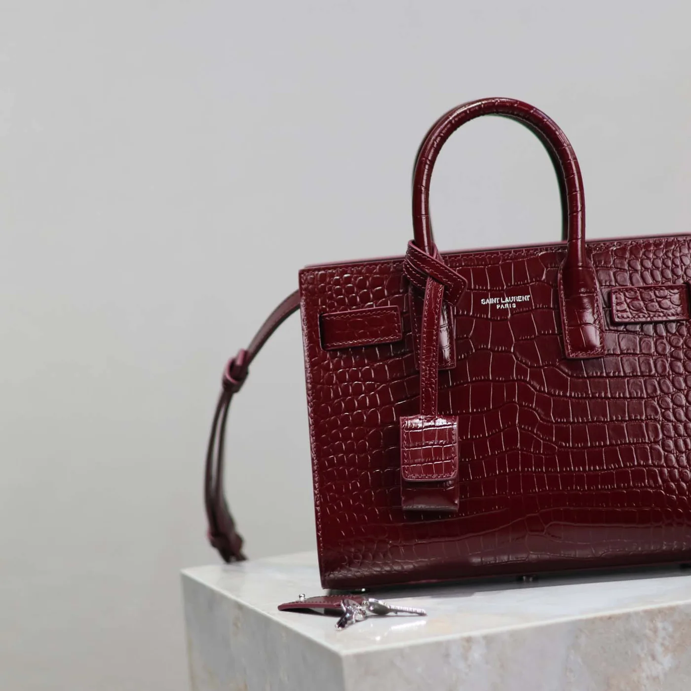 Saint Laurent YSL Sac De Jour in Crocodile Embossed Leather Nano for Women in Maroon Saint Laurent YSL Sac De Jour in Crocodile Embossed Leather Nano for Women in Maroon