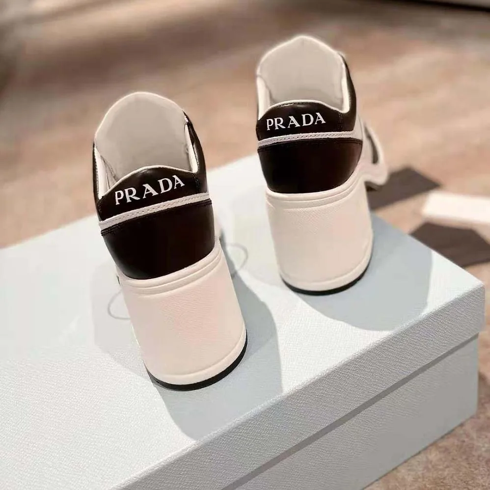 Prada Downtown High-Heeled Leather Sneakers for Women in Black