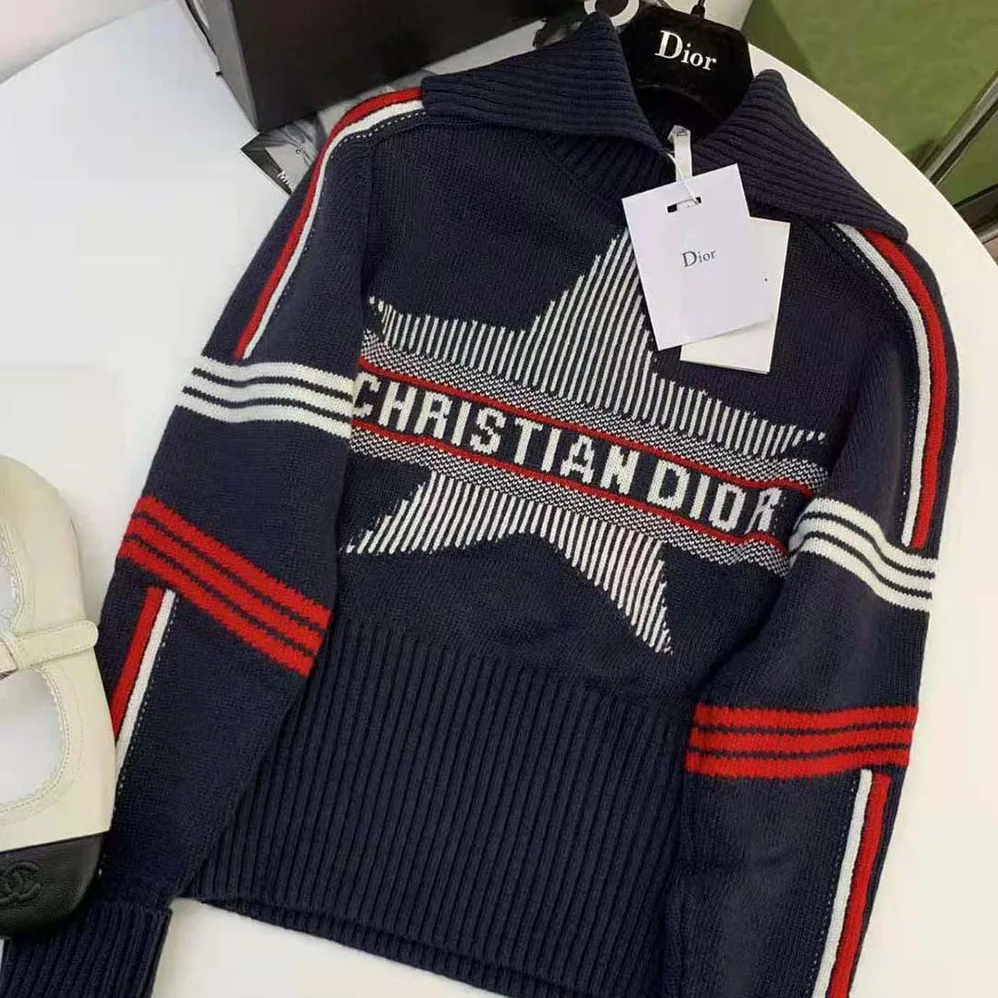 Dior Dioralps Stand Collar Sweater Blue Three-Tone Dior Star Wool and Cashmere Knit for Women