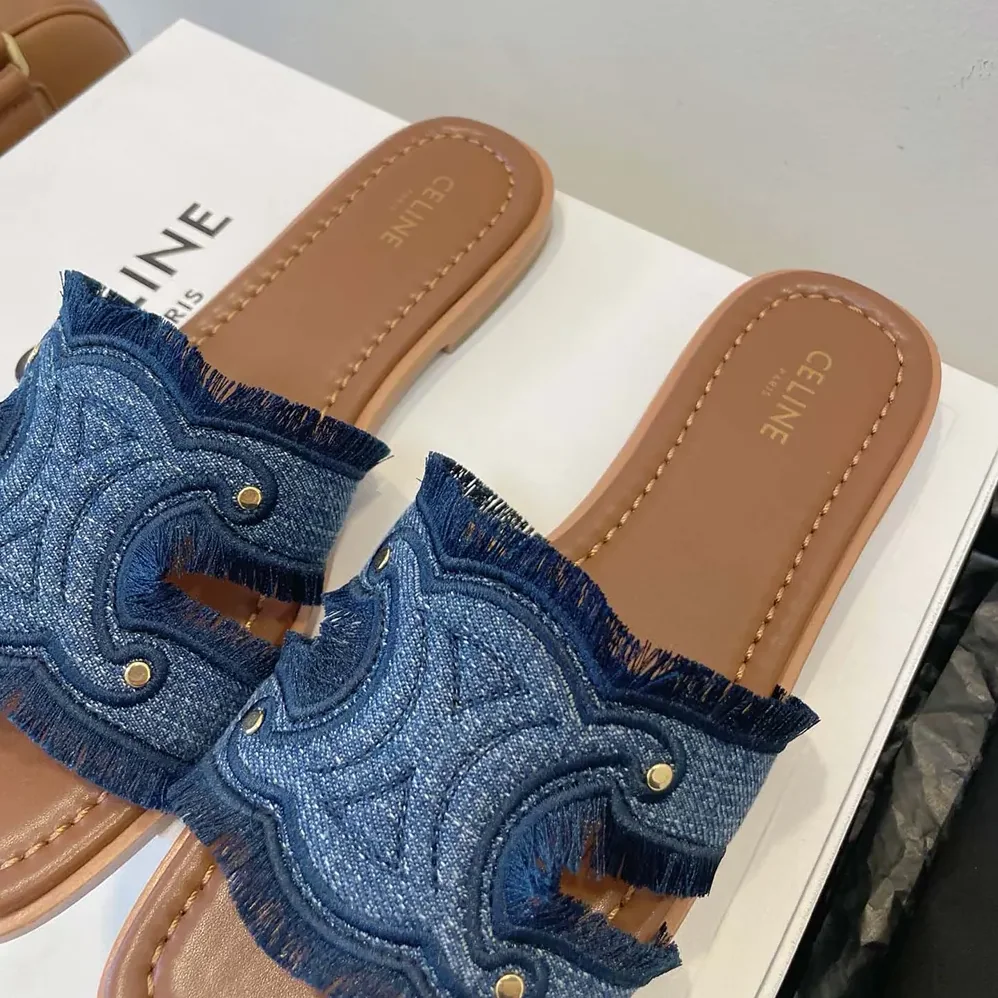 Celine Marina Fringed Mule in Denim for Women in Navy Celine Marina Fringed Mule in Denim for Women in Navy