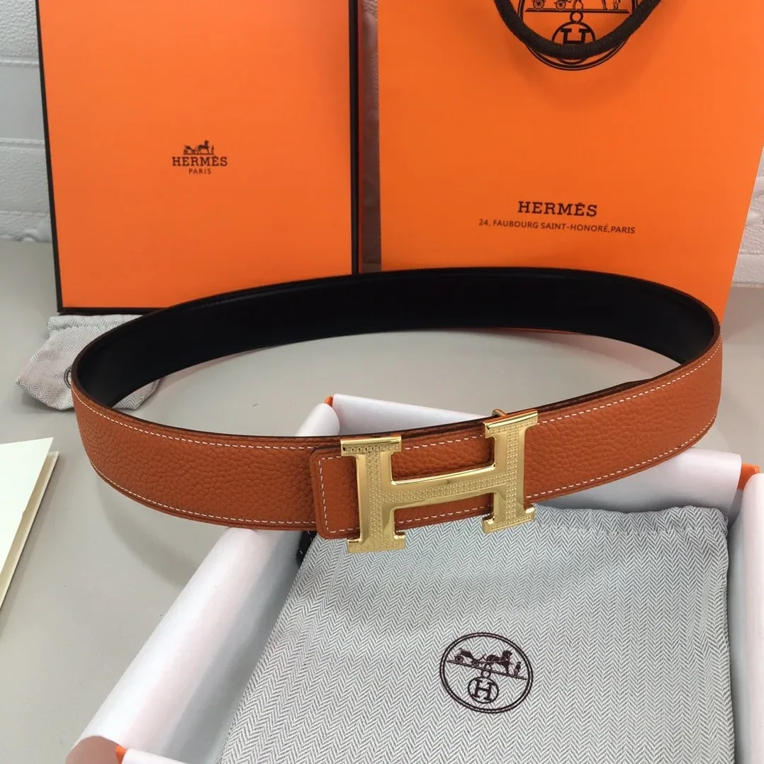 Hermes H Guillochee Belt Buckle & Reversible Orange