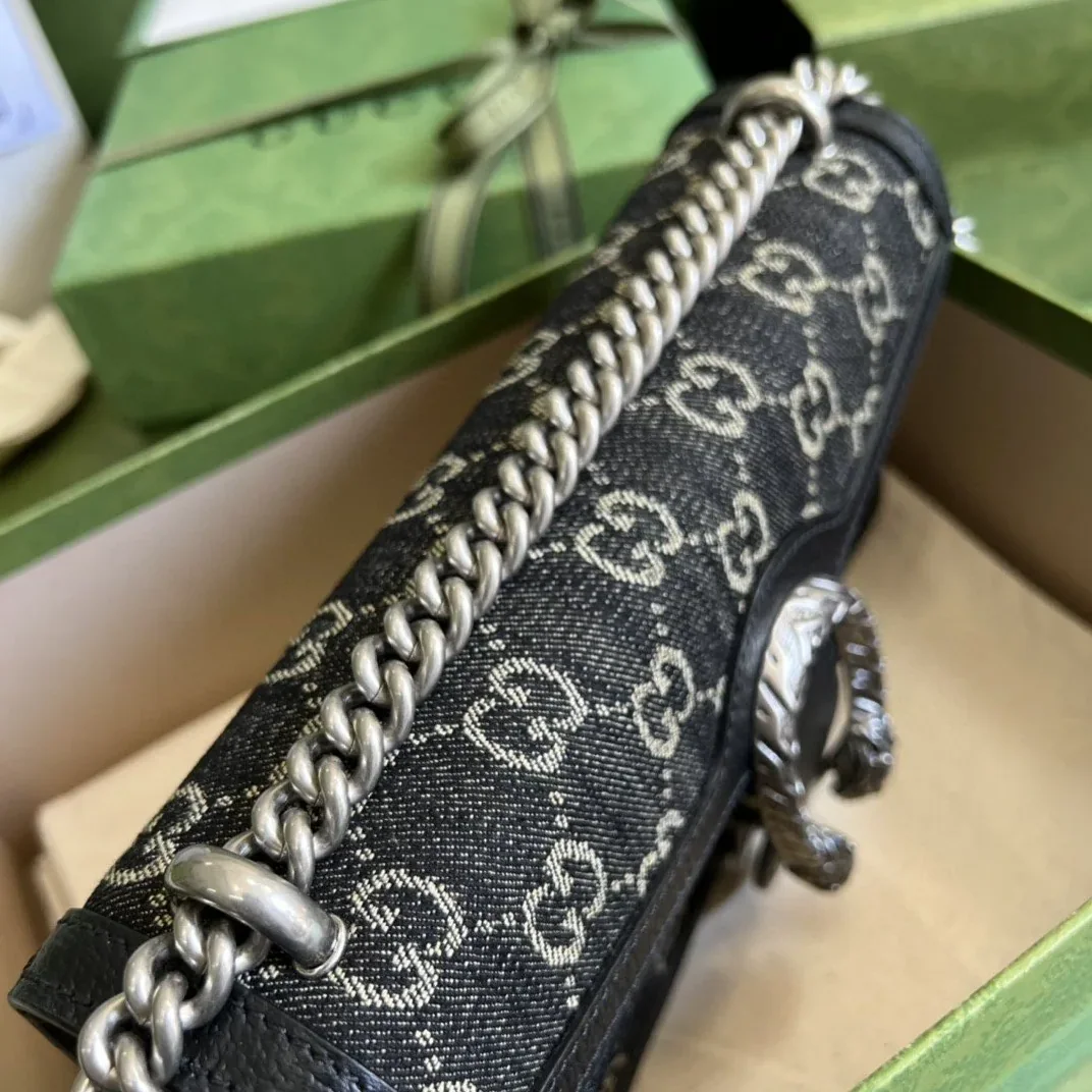 Gucci Dionysus Small Shoulder Bag / Black/ Ivory GG Denim Jacquard Antique Silver Hardware