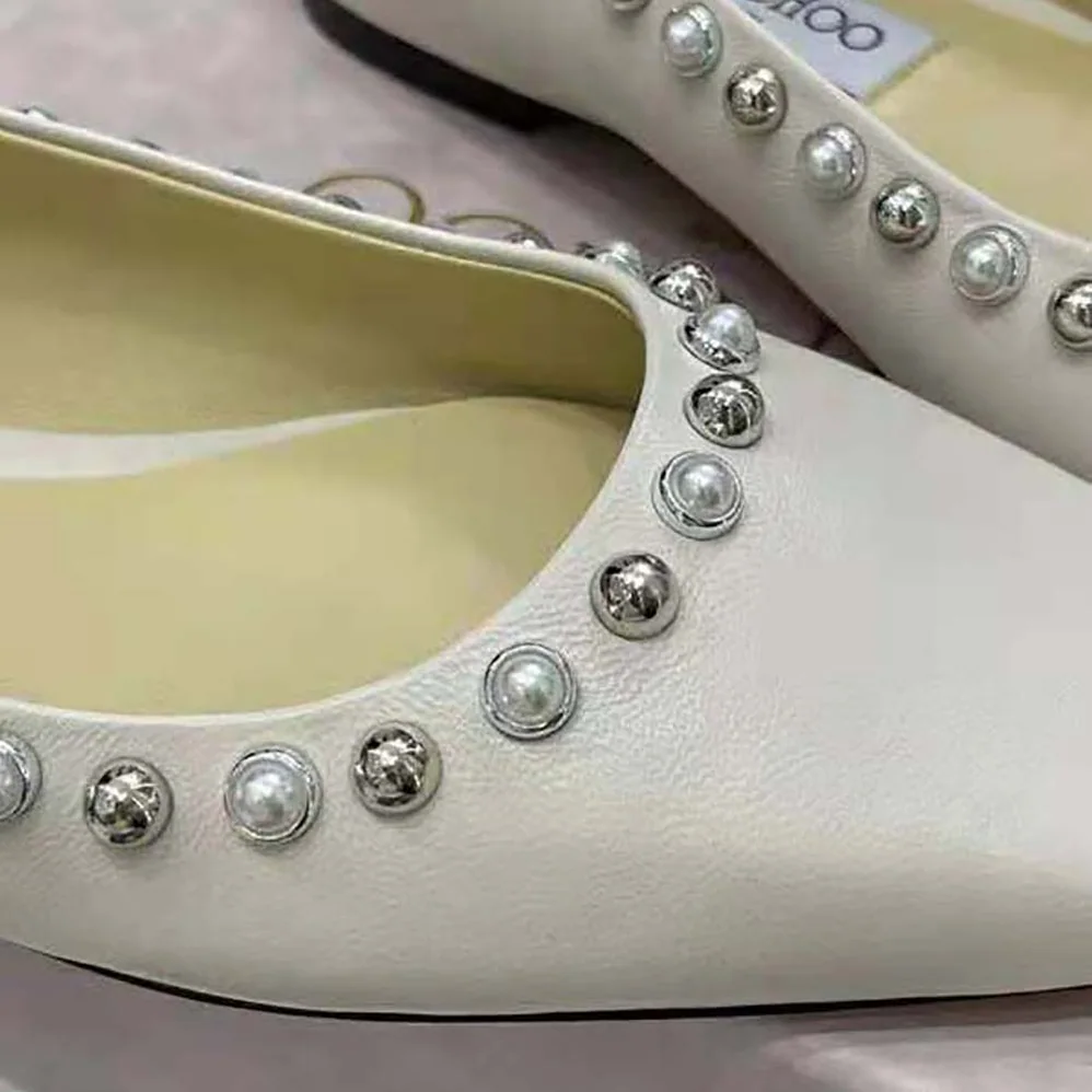 Jimmy Choo Mirele Flat Latte Nappa Leather Flats with Pearl Outline for Women