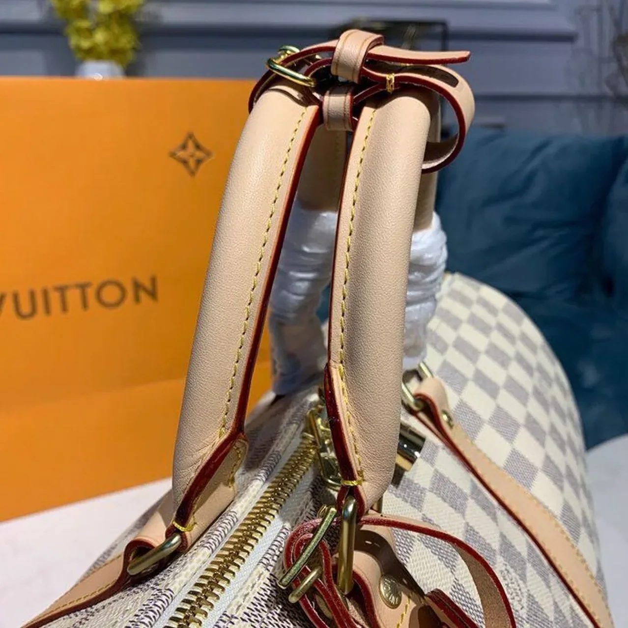 Louis Vuitton Keepall Bandouliere 45 Travel Bag in Damier Azur Gold Hardware Louis Vuitton Keepall Bandouliere 45 Travel Bag in Damier Azur Gold Hardware