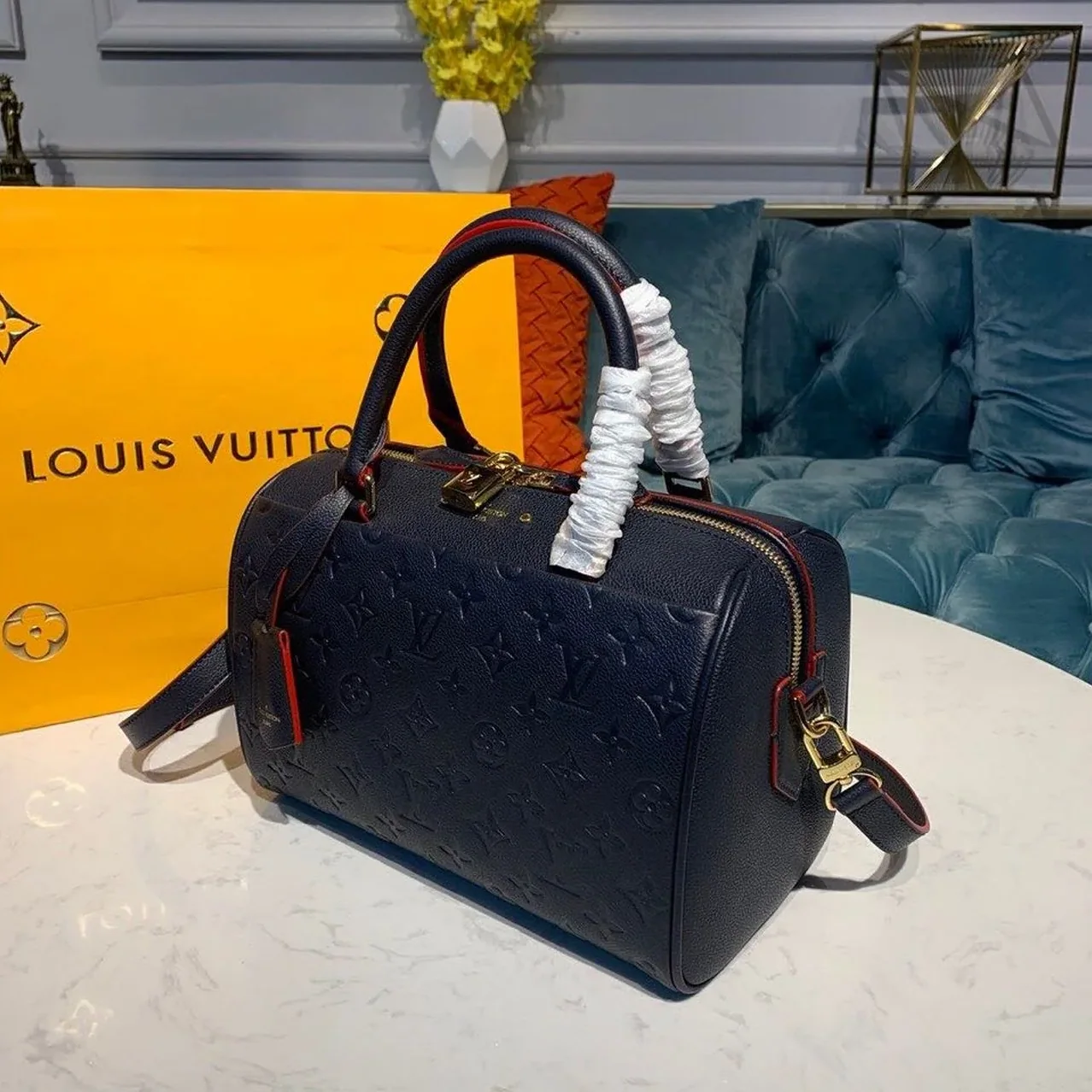Louis Vuitton Speedy Bandouliere 25 Top Handle Bag / Navy Blue Monogram Empreinte Gold Hardware Louis Vuitton Speedy Bandouliere 25 Top Handle Bag / Navy Blue Monogram Empreinte Gold Hardware