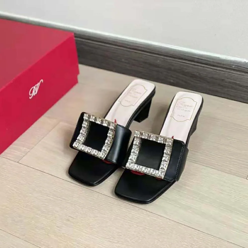Roger Vivier Biki Love Strass Buckle Mules in Satin for Women in Black Roger Vivier Biki Love Strass Buckle Mules in Satin for Women in Black