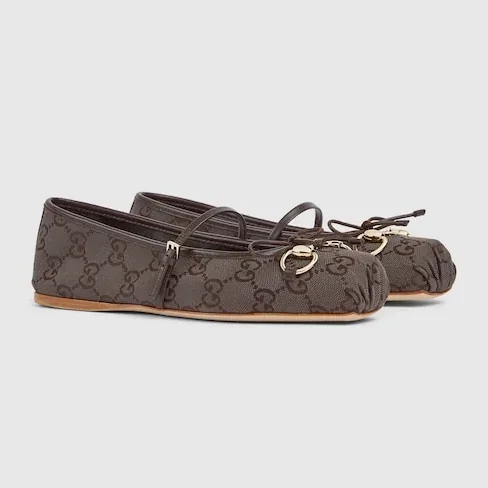 Gucci Horsebit Ballet Flats Dark Brown Canvas
