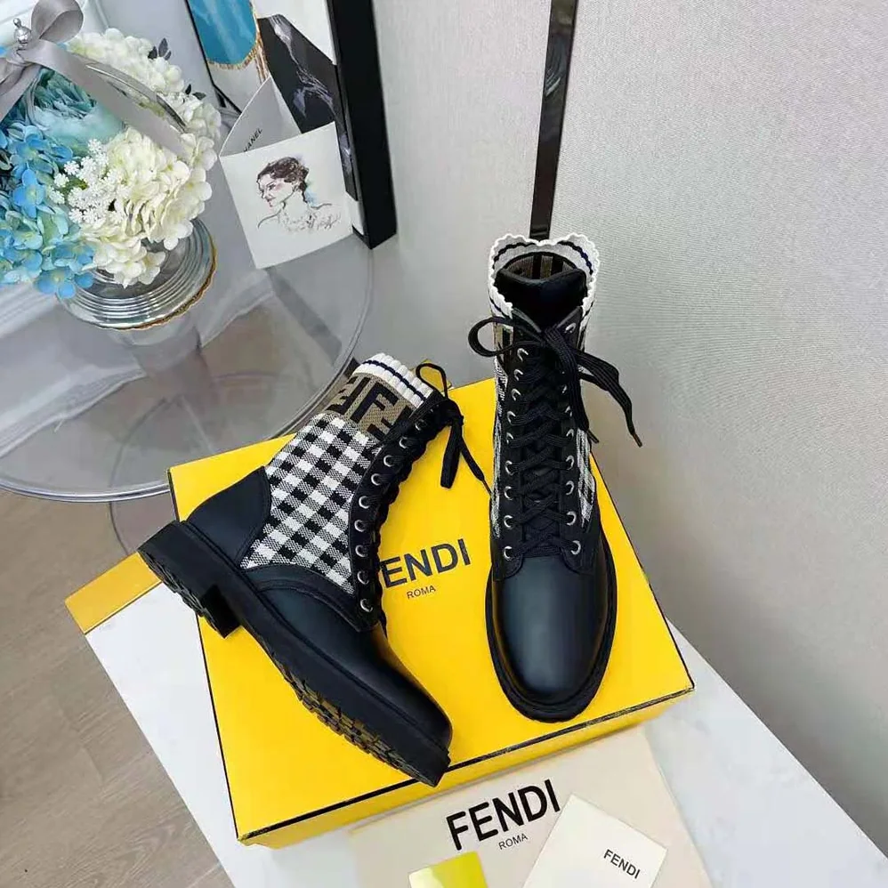Fendi Rockoko Black Leather Biker Boots with Stretch Fabric for Women