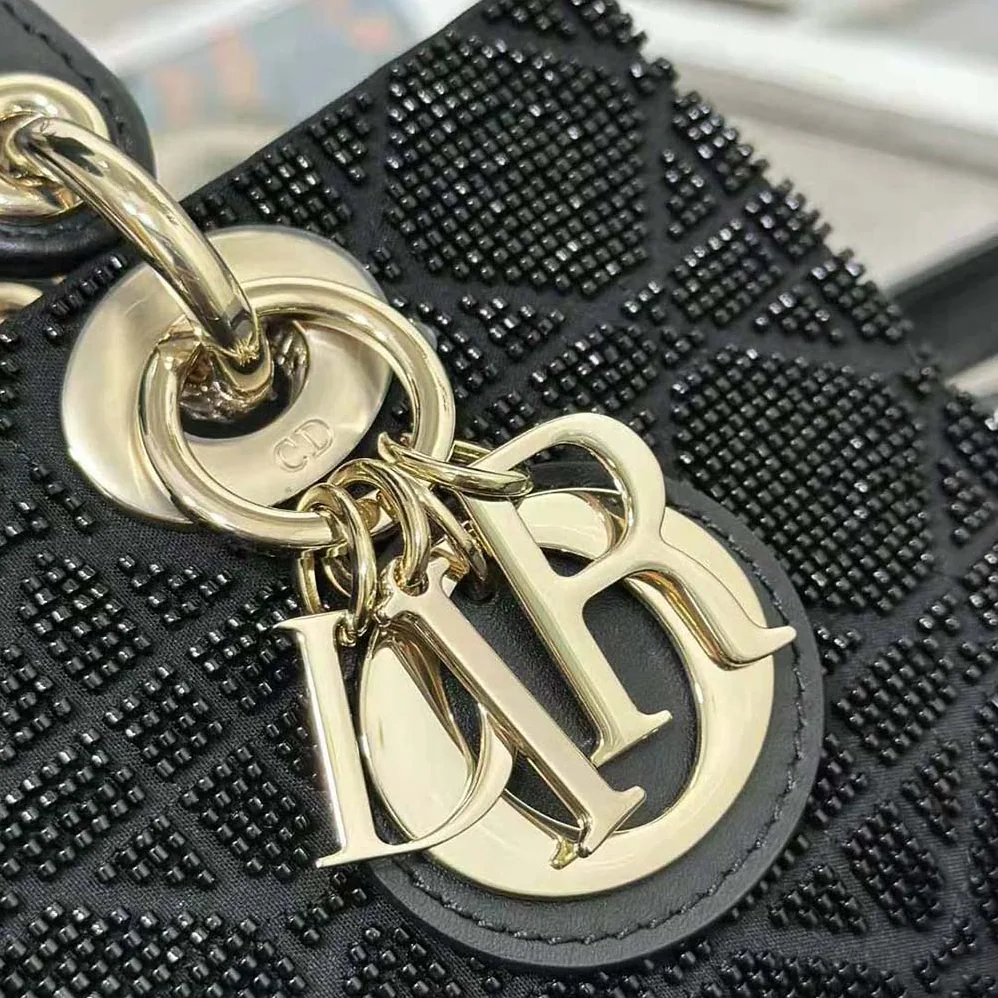 Dior Small Lady D-joy Bag Black Cannage Cotton with Micropearl Embroidery for Women