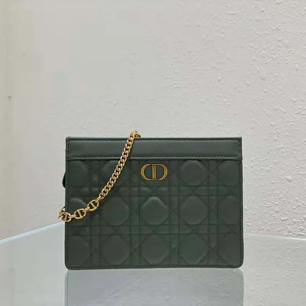 Dior Caro Zipped Pouch with Chain Cedar Green Supple Cannage Calfskin for Women in Green Dior Caro Zipped Pouch with Chain Cedar Green Supple Cannage Calfskin for Women in Green