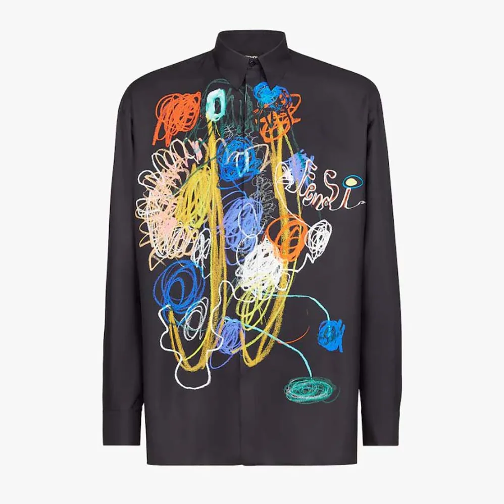 Fendi Black Cotton Shirt with Mid Ltalian Collar and Short Sleeves for Men Fendi Black Cotton Shirt with Mid Ltalian Collar and Short Sleeves for Men