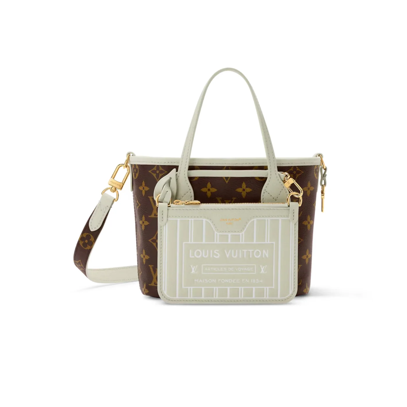 Louis Vuitton Neverfull Bandoulière Inside Out BB Tote Bag in Monogram Celadon Gold Hardware
