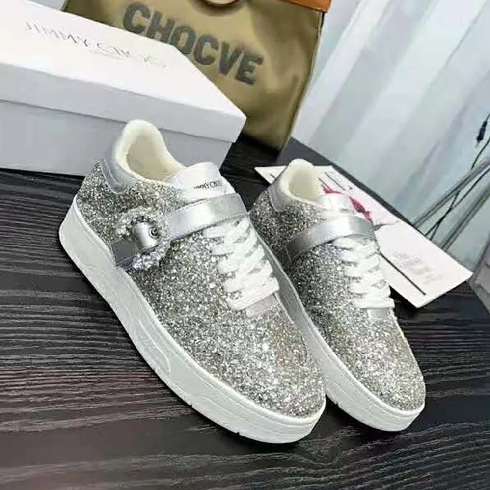 Jimmy Choo Osaka Lace up Platinum Dazzling Coarse Glitter Fabric Low Top Trainers for Women Jimmy Choo Osaka Lace up Platinum Dazzling Coarse Glitter Fabric Low Top Trainers for Women
