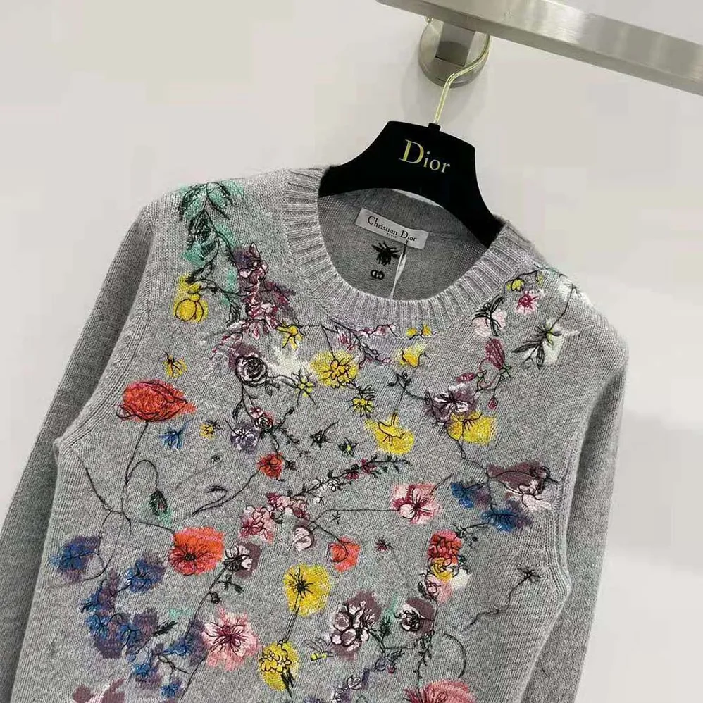 Dior Embroidered Sweater Gray Cashmere Knit with Red Multicolor Florilegio Motif for Women Dior Embroidered Sweater Gray Cashmere Knit with Red Multicolor Florilegio Motif for Women