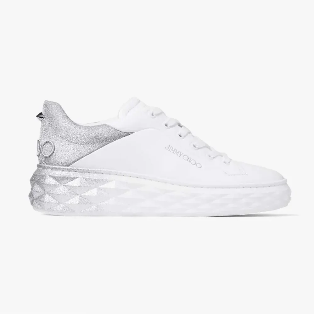 Jimmy Choo Diamond Maxi/F II White & Silver Nappa Leather Glitter Trainers for Women Jimmy Choo Diamond Maxi/F II White & Silver Nappa Leather Glitter Trainers for Women