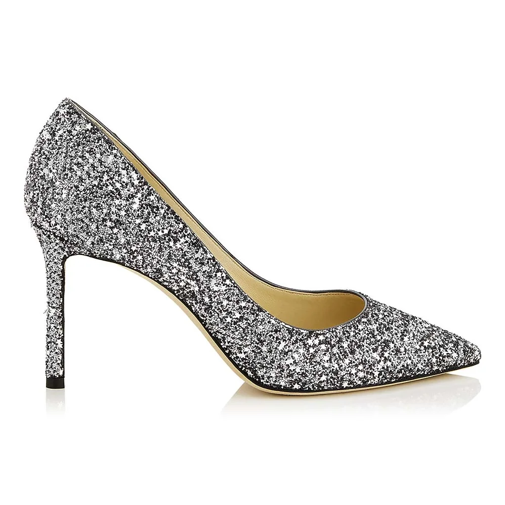 Jimmy Choo Romy 85 Gunmetal Star Coarse Glitter Fabric Pointy Toe Pumps for Women in Black