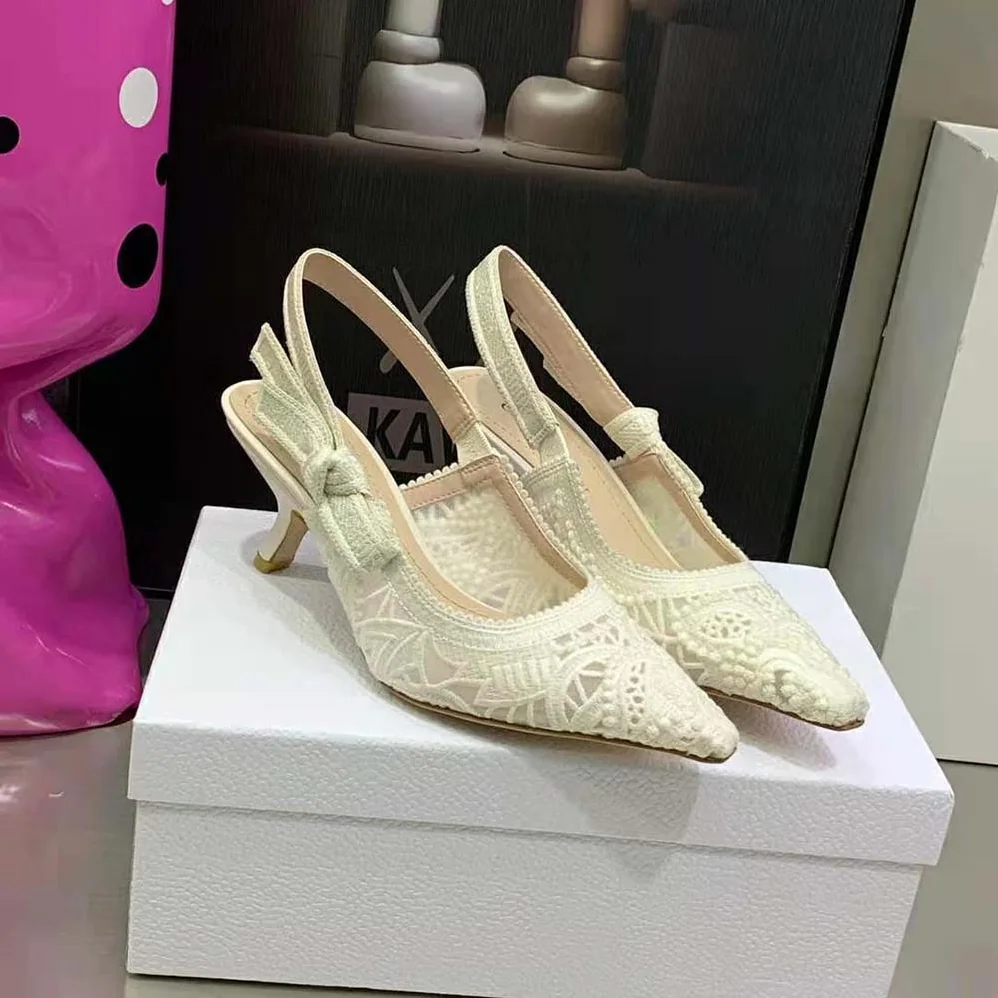 Dior J Sdior Slingback Pump White Macramé Embroidered Cotton for Women