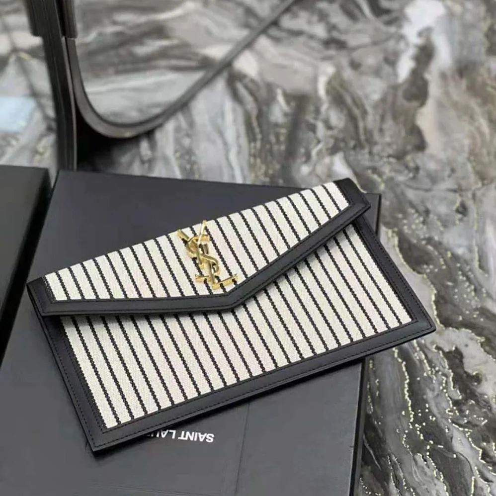 Saint Laurent YSL Uptown Pouch in Canvas and Smooth Leather for Women in Black