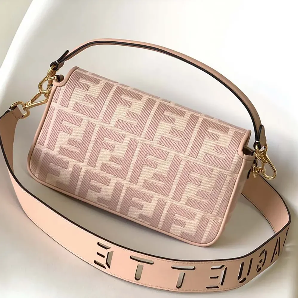 Fendi Baguette Light Pink Denim Bag with FF Embroidery for Women