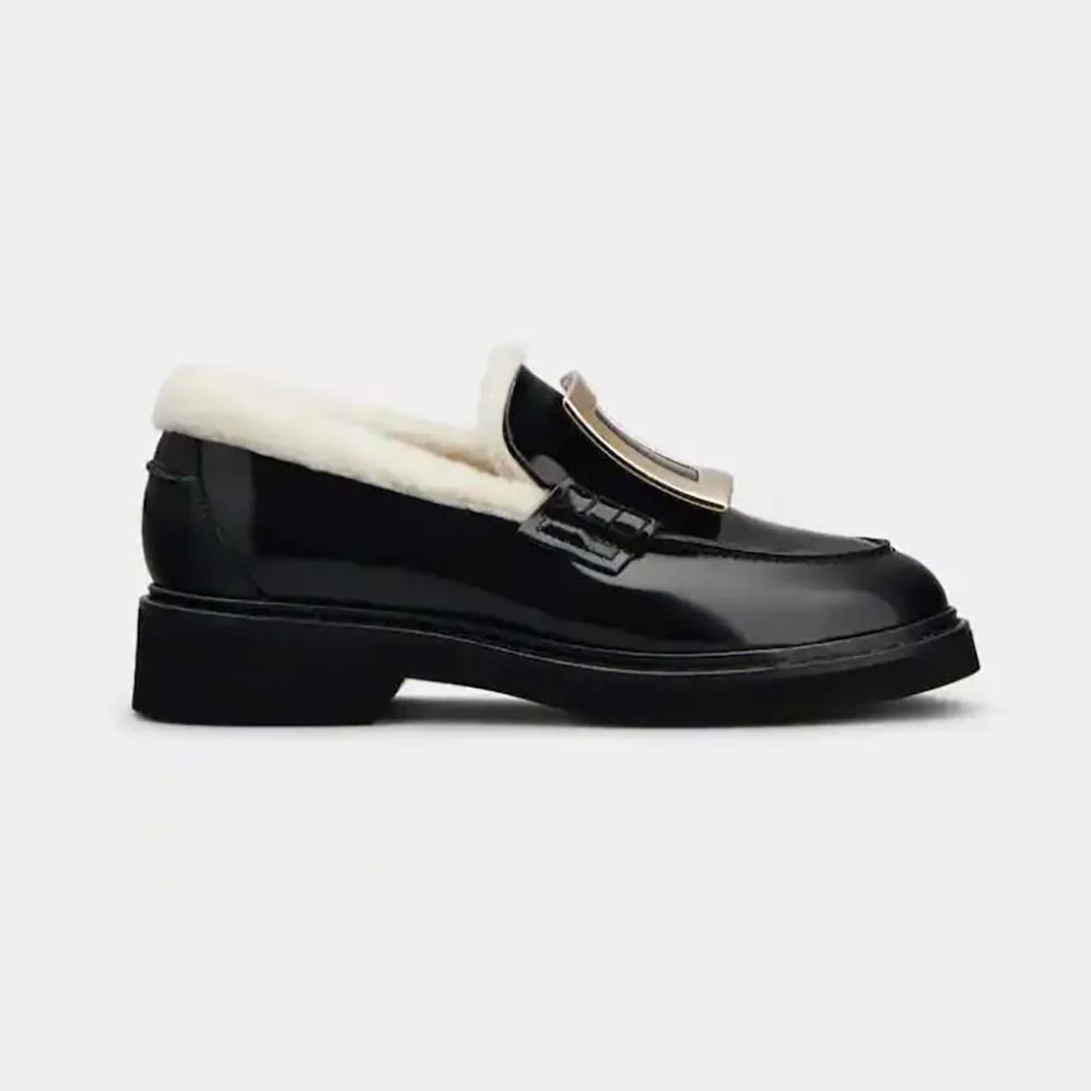 Roger Vivier Viv' Rangers Metal Buckle Fur Loafers in Patent Leather for Women Roger Vivier Viv' Rangers Metal Buckle Fur Loafers in Patent Leather for Women