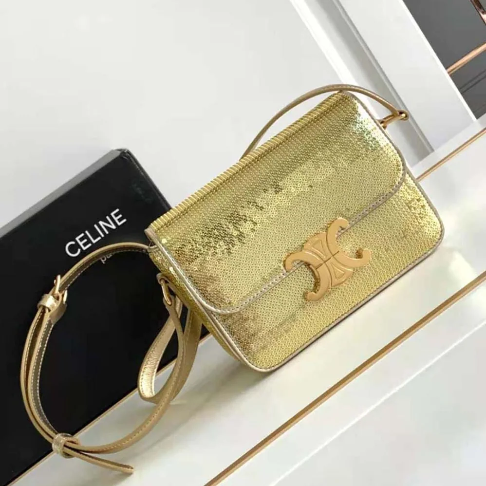 Celine Teen Triomphe Bag in Sequins and Calfskin for Women in Gold