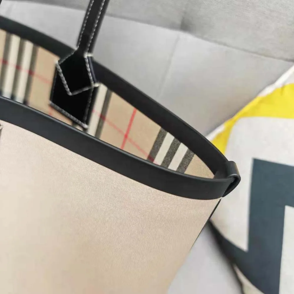 Burberry Label Print Cotton and Leather Small London Tote Bag for Women