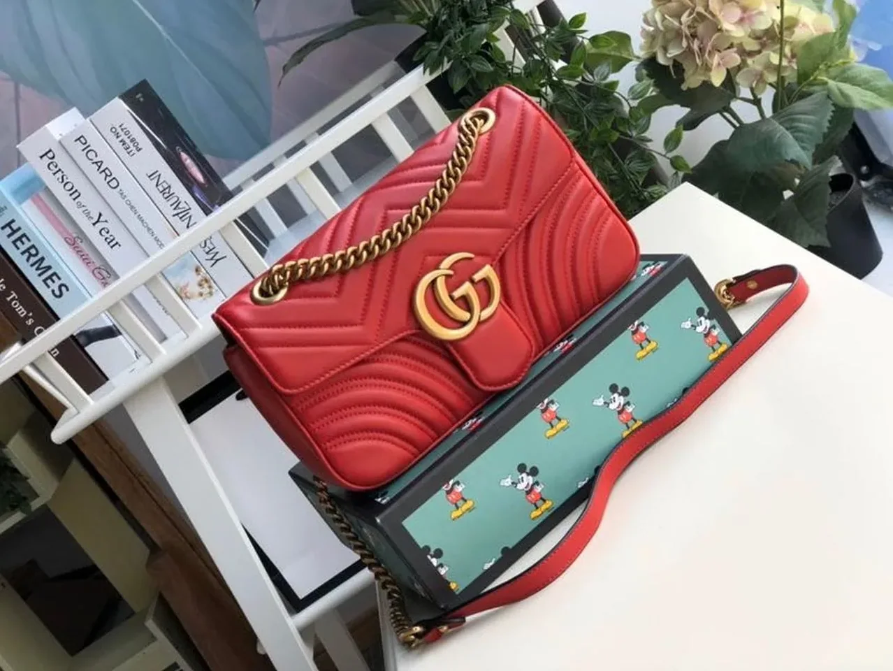 Gucci Marmont Small Matelassé Shoulder Bag Hibiscus Red Matelassé Chevron / GG