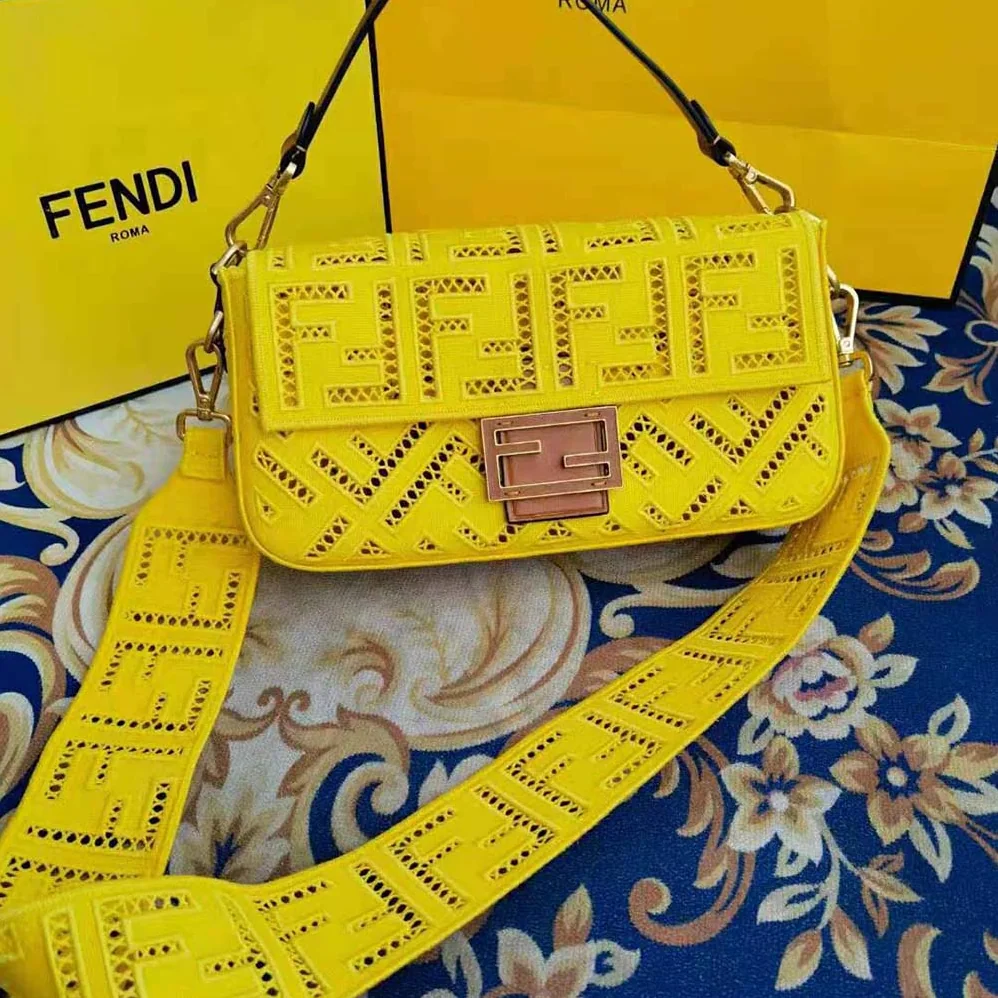 Fendi Baguette Canvas Bag with Embroidery for Women in Yellow Fendi Baguette Canvas Bag with Embroidery for Women in Yellow