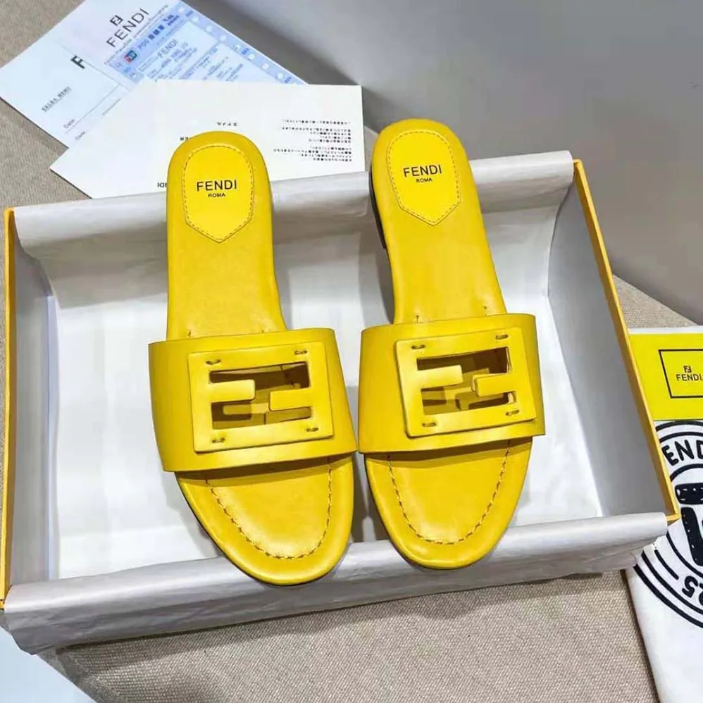 Fendi Signature Yellow Leather Slides in 0.4 inches Heel Height for Women