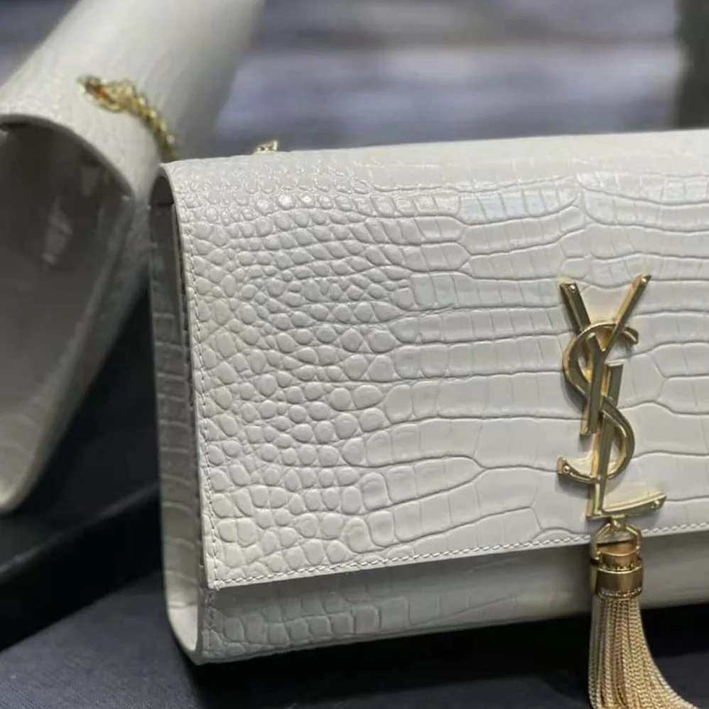 Saint Laurent YSL Kate Medium with Tassel in Crocodile-Embossed Shiny Leather for Women in White Saint Laurent YSL Kate Medium with Tassel in Crocodile-Embossed Shiny Leather for Women in White