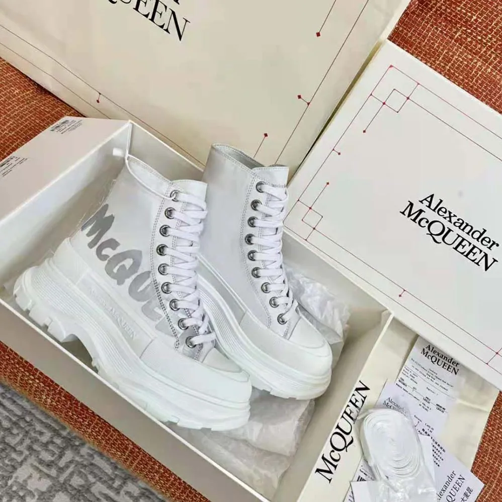 Alexander Mcqueen Tread Slick Boot White Polyfaille Lace for Women in up Boot