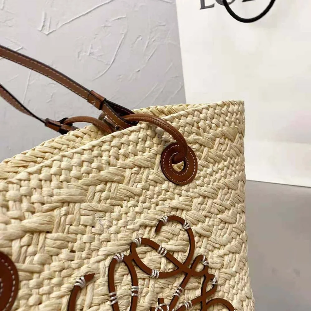 Loewe Medium Anagram Basket Bag in Iraca Palm and Calfskin for Women