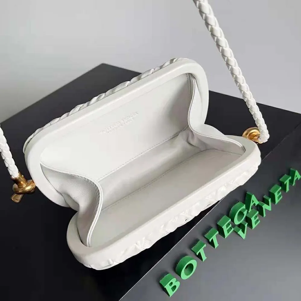 Bottega Veneta Knot On Strap Foulard Intreccio Leather Minaudiere with Strap for Women in White Bottega Veneta Knot On Strap Foulard Intreccio Leather Minaudiere with Strap for Women in White