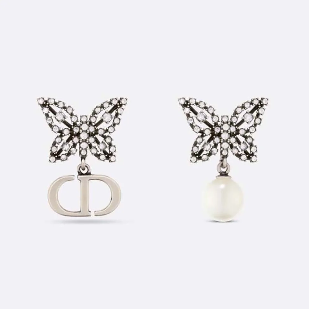 Dior Papillon De Nuit Earrings Antique Silver-Finish Metal with White Resin Pearl for Women
